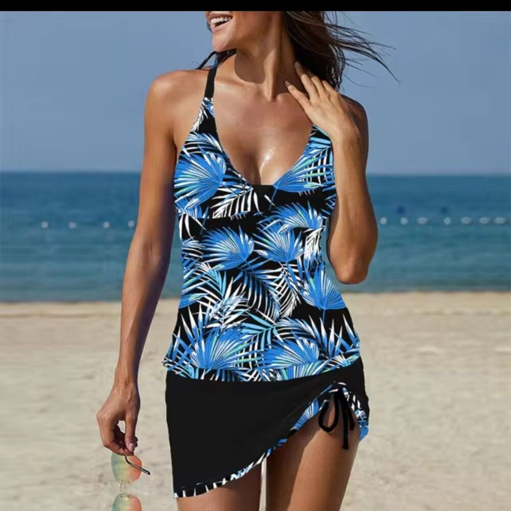 Rekita 2-Piece Tankini Swimsuit Size Small Blue Black Leaf Print Bag New